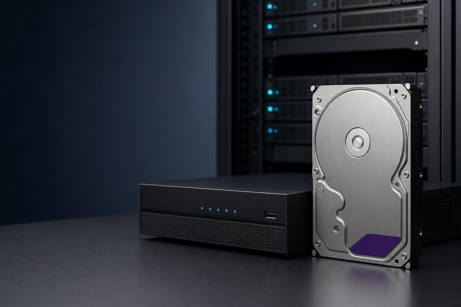 Surveillance hard drive beside a professional network video recorder