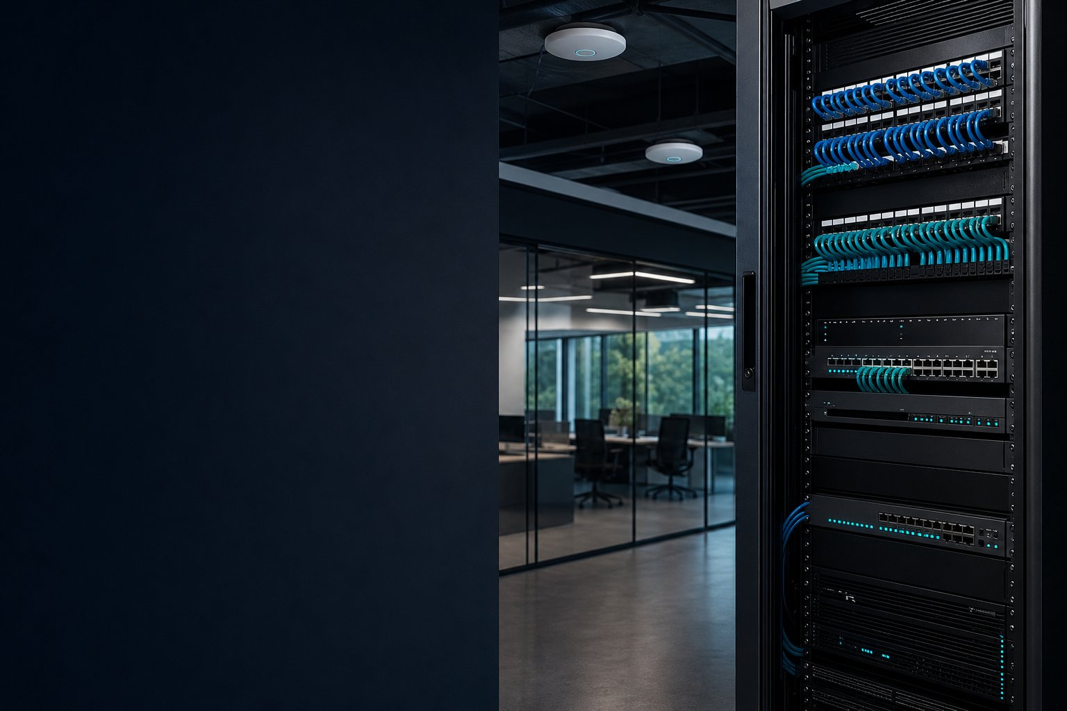 Managed access points and structured network rack in a modern office